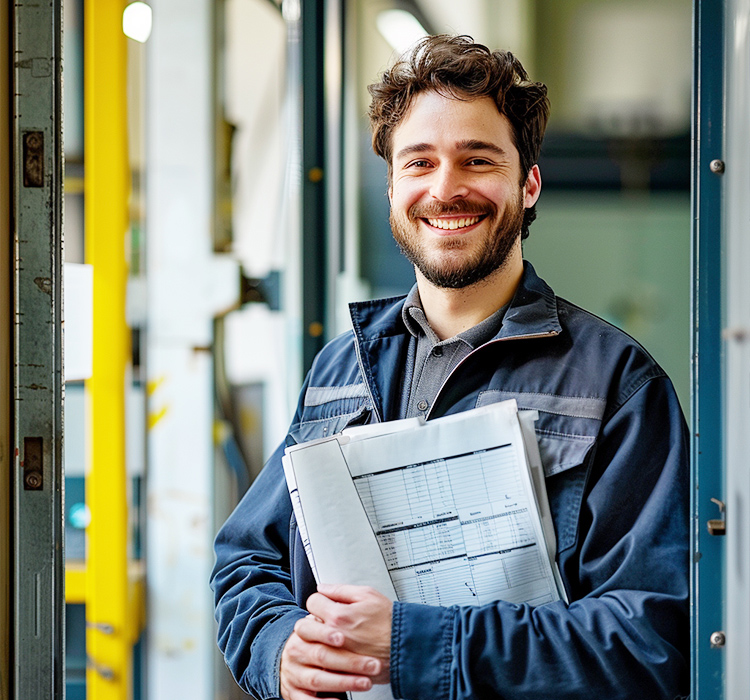L\'homme détenant des documents en milieu industriel, peut-être lié à la fabrication ou à la maintenance des outils électriques, en mettant l\'accent sur les produits de marteau de démolition, de marteau rotatif et de marteau Jack.