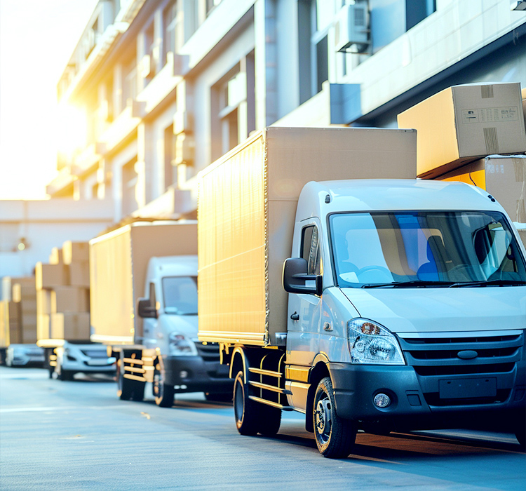 Scène de l\'entrepôt Sunlit avec une gamme de camions de livraison, prêt à transporter une variété d\'outils électriques, notamment des marteaux de démolition, des marteaux rotatifs et des marteaux de Jack.