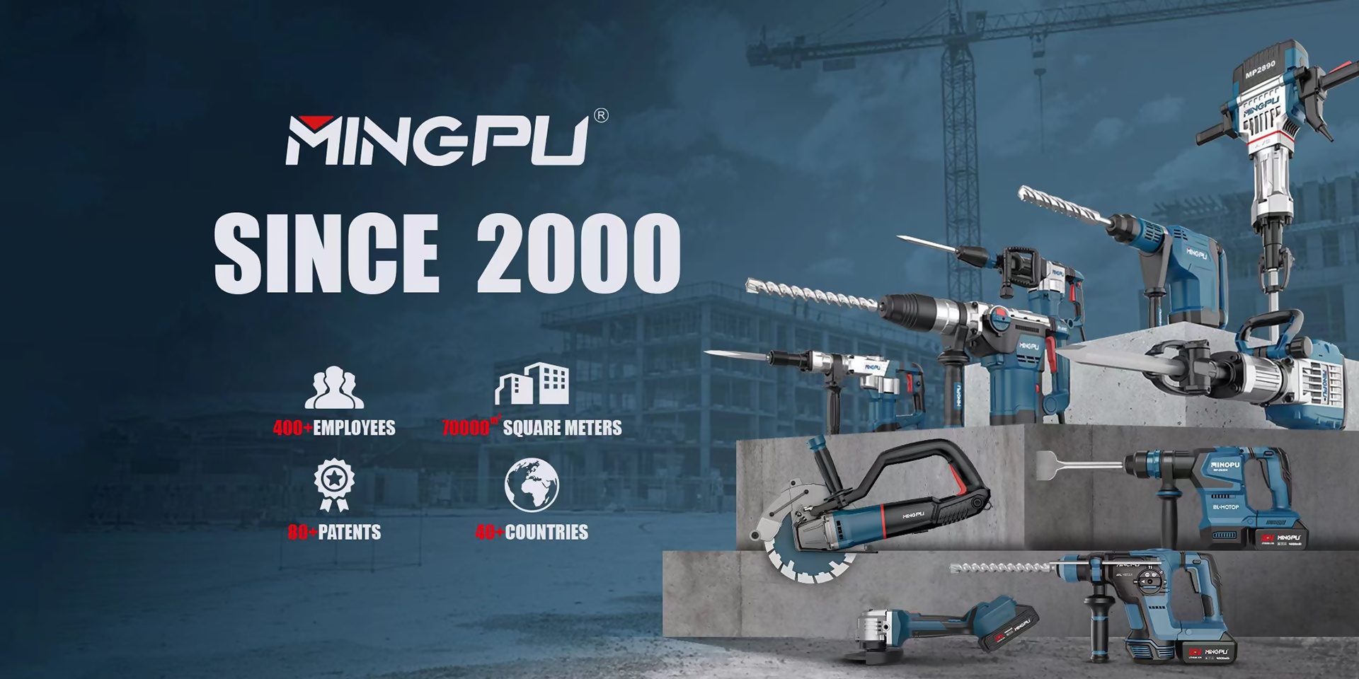 Industrial power tools display featuring a variety of demolition hammers, rotary hammers, jack hammers, AC power tools, and cordless options by MINGPU since 2000.